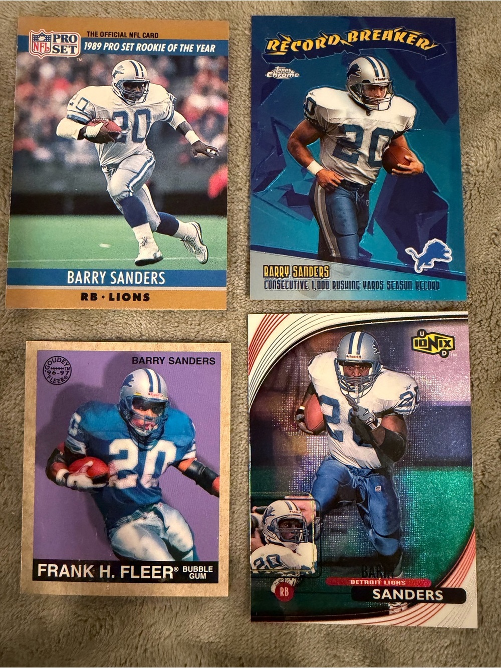 Barry Sanders Detroit Lions Football Trading Card Set of (4)